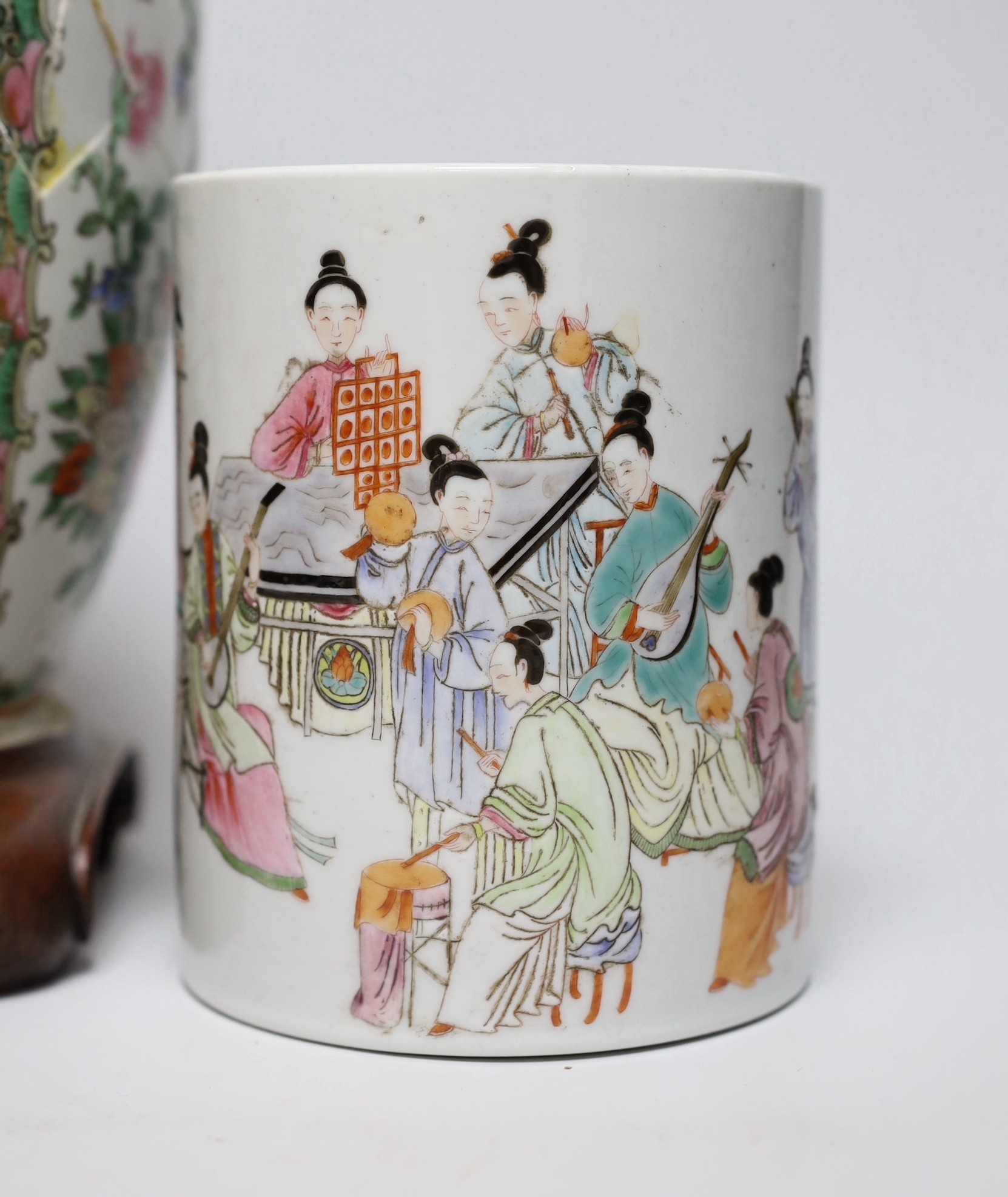 A famille rose vase converted into a lamp, together with a similar brush pot